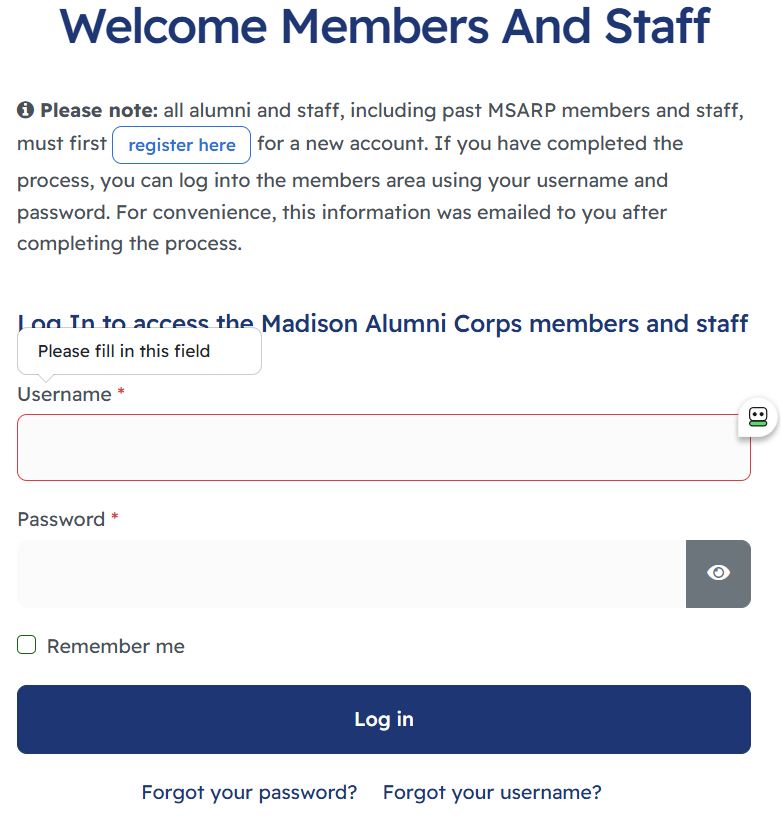 login screen